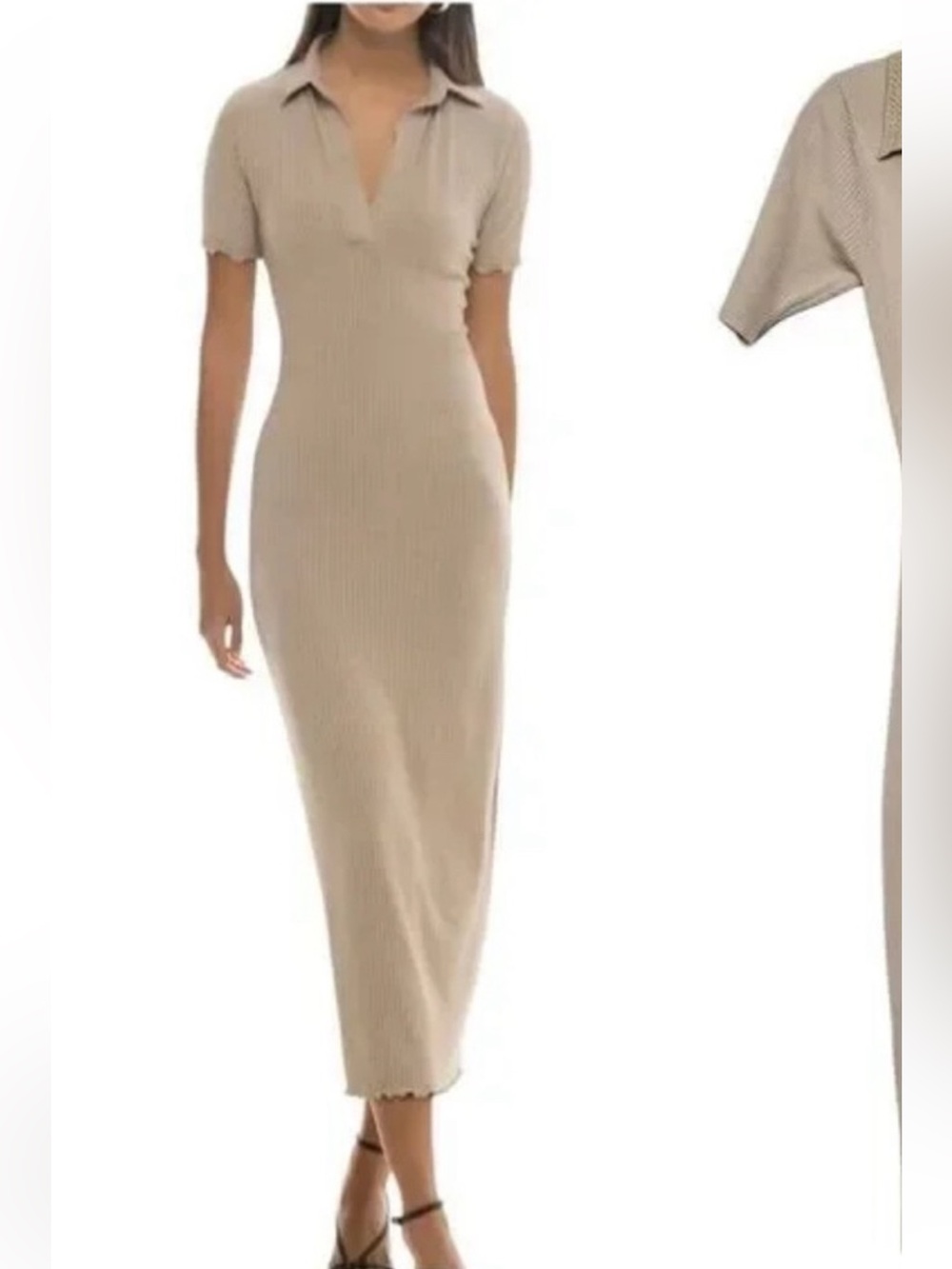 Caroline Constas Ribbed Knit Crochet Collar Midi Dress Beige medium
